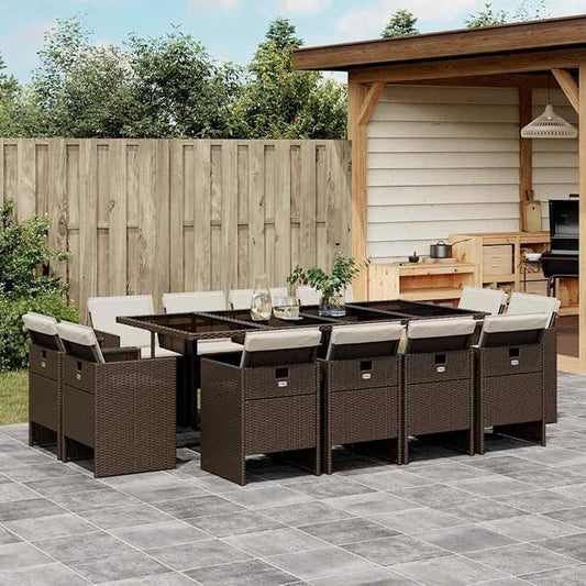 13 Piece Patio Dining Set, 12 Seater Outdoor Table and Chair Set with Cushions, Space Saving Cube Garden Furniture, Weather Resistant PE Rattan Brown