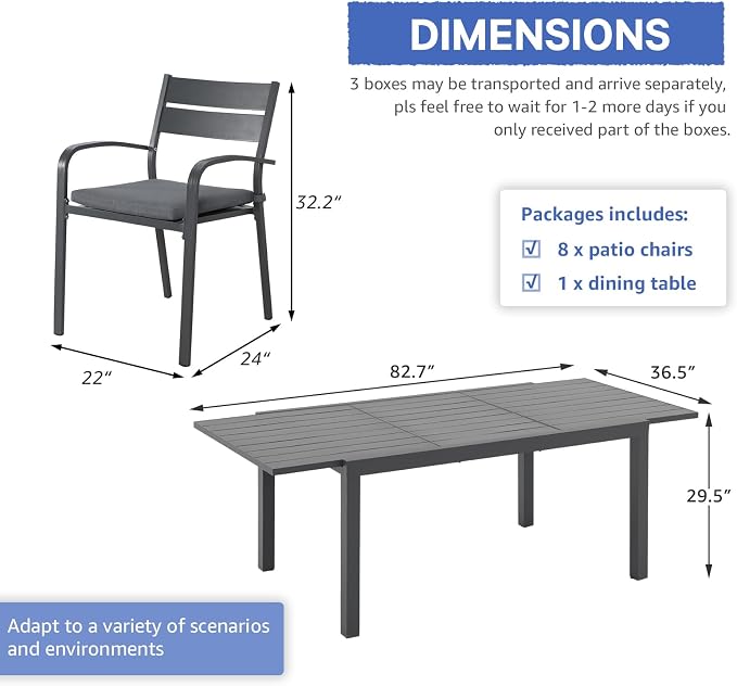 Soleil Jardin 9-Piece Outdoor Patio Dining Set, 59" - 83" Aluminum Expandable Outdoor Dining Table Set for 8, 8 Stackable Chairs with Gray Removable Cushions, Dark-Grey