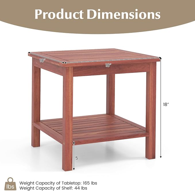 Tangkula Patio Side Table, Double-Tier Acacia Wood End Table, Slatted Tabletop & Shelf, Outdoor Small Side Table with Storage, Compact Wood Table for Backyard, Balcony (2, Natural)