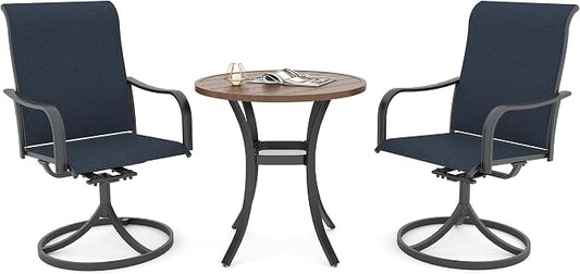 Anmutig Small Outdoor Patio Dining Set, 27.5 Inch Brown Top Round Dining Table with 2 Navy Blue Swivel Chairs - Style2