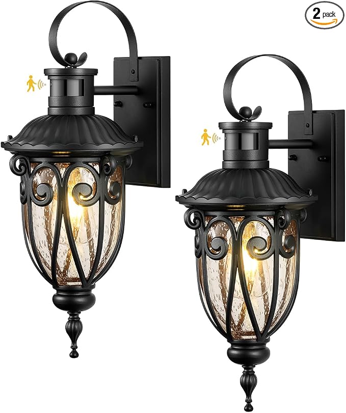 VIANIS Motion Sensor Outdoor Lights, Dusk to Dawn Outdoor Motion Sensor Light, 2 Pack Exterior Lighting Fixtures with Seed Glass,Black Outside Lights for House, Garage, Front Porch, Anti-Rust