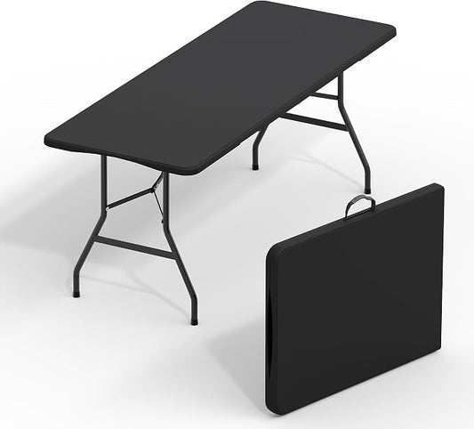 Garvee 6FT Portable Folding Table, HDPE Plastic Foldable Table with Carry Handle for Camping, Parties, Picnic & Events Indoor Outdoor, Black