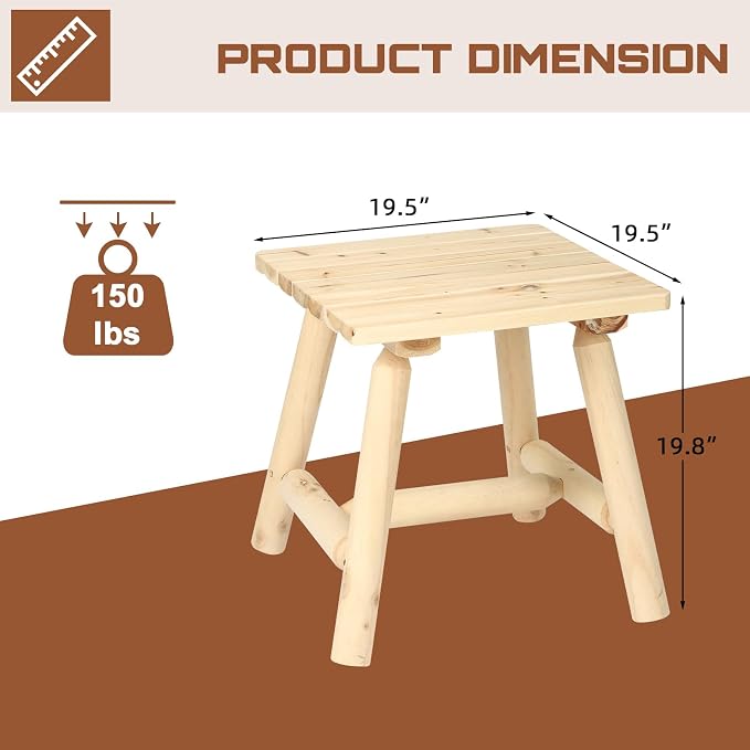 HOMEDIARY Wooden Outdoor Log CoffeeTable, Cedar Wood Adirondack Square End Table, 19.5” Indoor & Outdoor Patio Side Coffee Table for Garden, Patio, Backyard, Porch