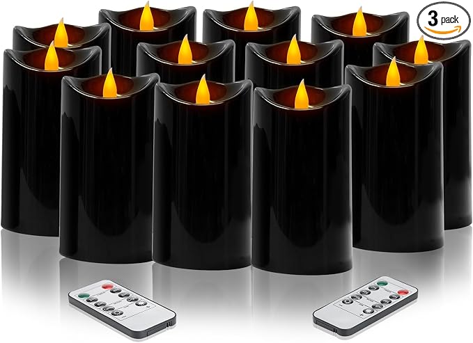 3 Pack Flameless Candles with Remote & Timer Ivory Outdoor Waterproof Led Pillar Candles(D3“x H 4”/5”/6”), Battery Operated Candles for Home & Holiday Party Decor (Black, 12 Pack - D3 X H6)