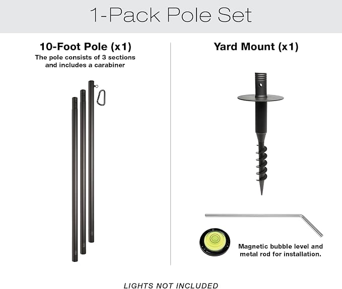 Excello 10-Foot Outdoor String Light Pole, Grass/Dirt Yard Mount, 1-Pack