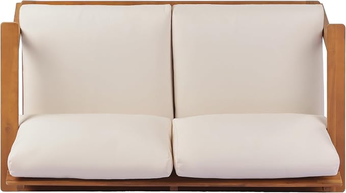 Christopher Knight Home Colmar 2 Pieces Conversation Set, Mid Century Patio Loveseat Sofa and Coffee Table, Outdoor Acacia Wood Loveseat and Table Set with Cushions in Slats Panels Design, Teak+ Beige