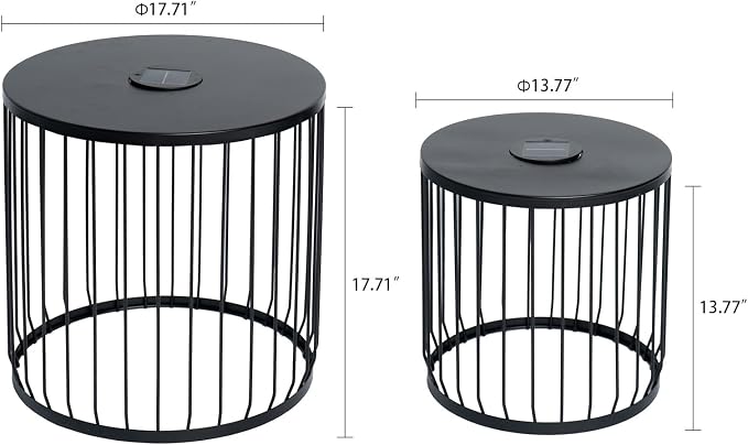 Solar Nesting Side Table Set of 2, Modern Black Metal Wire Round End Tables with Dusk to Dawn LED Light & On/Off Switch, Industrial Accent Tables for Patio, Balcony, Living Room, Garden (Solar 2)