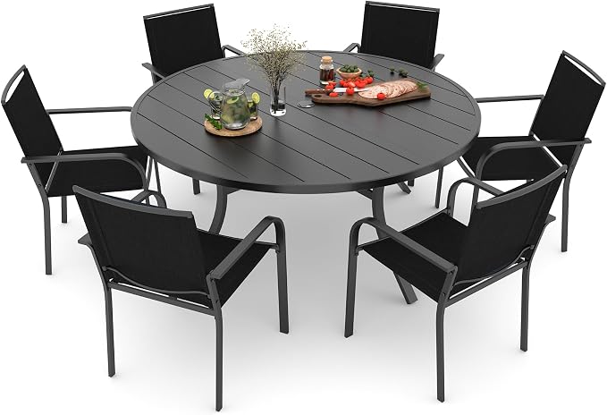 Anmutig 7 Piece Patio Table and Chairs Set, Outdoor Dining Set with 54 inch Round Table, 6 Stackable Black Chairs