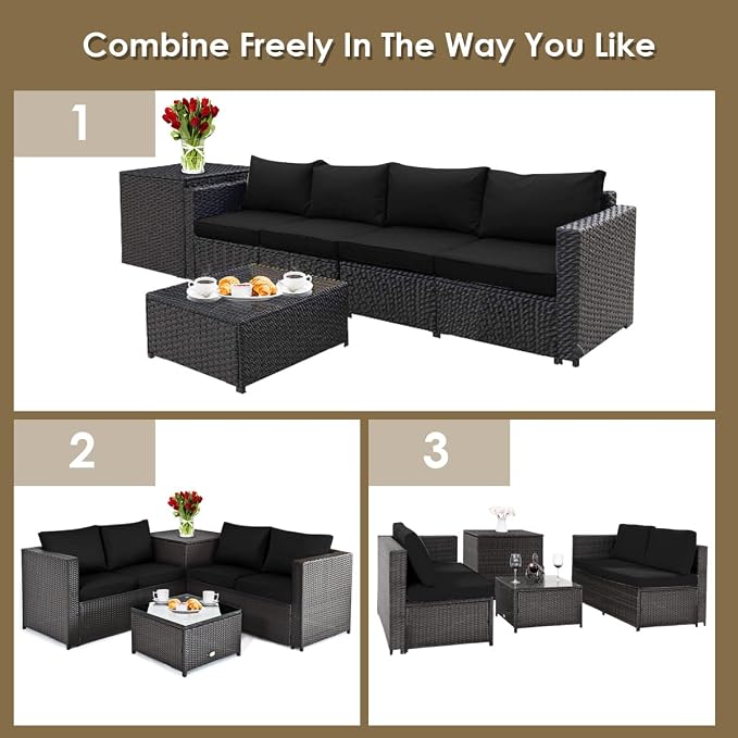 HAPPYGRILL 4 Pieces PE Rattan Wicker Conversation Set Outdoor Patio Furniture Sofa Set with Storage Box and Tempered Glass Coffee Table for Backyard Garden Porch