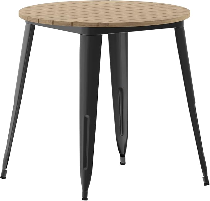 EMMA + OLIVER Drew Dining Table - Brown 30" Round Poly Resin Table Top - Black Steel Base - All-Weather for Indoor/Outdoor Use