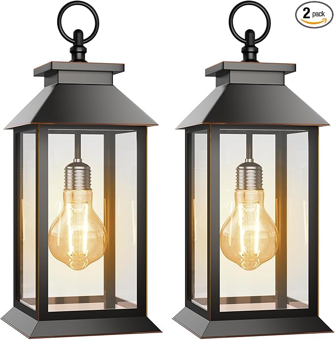 2 Pack Solar Lanterns Outdoor, Hanging Glass Solar Lights Waterproof, Dual Power Solar & 2*AA Battery, for Porch, Patio, Yard and Indoor Table or Mantel