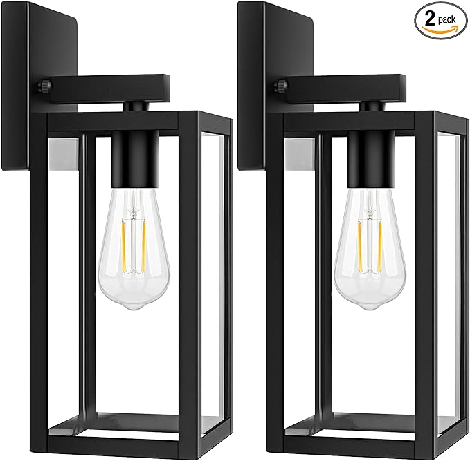 2-Pack Outdoor Light Fixtures Wall Mount, Waterproof Exterior Wall Lanterns with Clear Glass, Anti-Rust Outside Black Wall Sconces, Front Porch Lights for House Garage Doorway, Bulbs Not Included