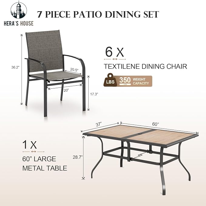 HERA'S HOUSE 7pc Patio Dining Set, Metal Table with PVC Top, Brown Chairs | 60" rectangular table with umbrella hole, 6 textilene chairs. Waterproof, rust-resistant, all-weather for yard, porch