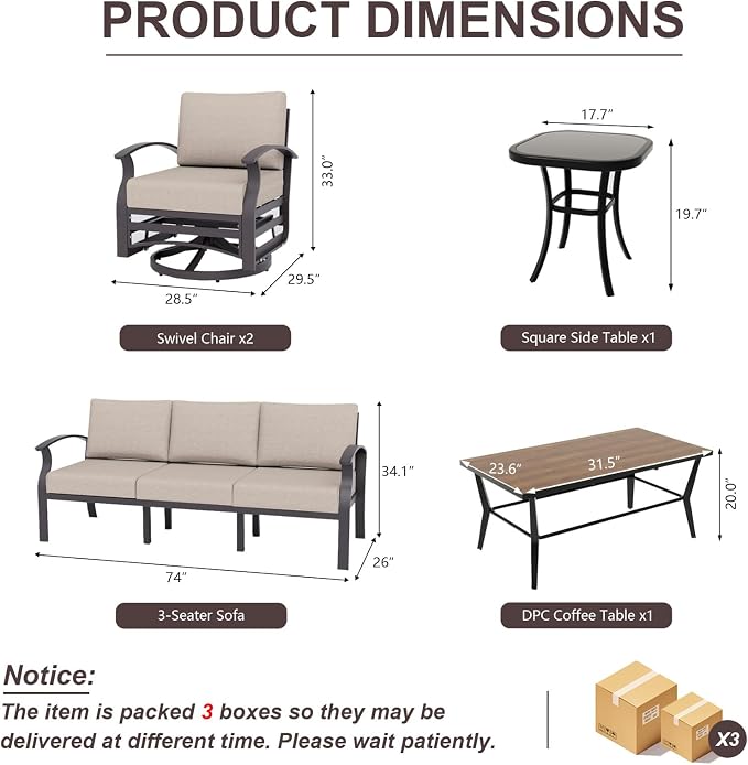 ALAULM Aluminum Patio Furniture Set with Coffee Table Rectangular, 5-seat Outdoor Sectional Furniture w/2 Swivel Chairs, Patio Conversation Set for Porch, Backyard, Poolside-Sand