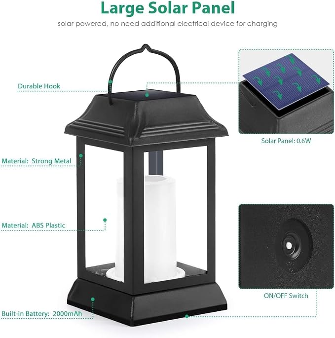 TomCare Flickering Flame Solar Lights Outdoor Metal Hanging Lantern, 4 Pack | Realistic Flame Effect, Charges in 6-8 Hours, 10-12-Hour Runtime, IP65 Waterproof, Auto On/Off for Patio, Garden and Porch