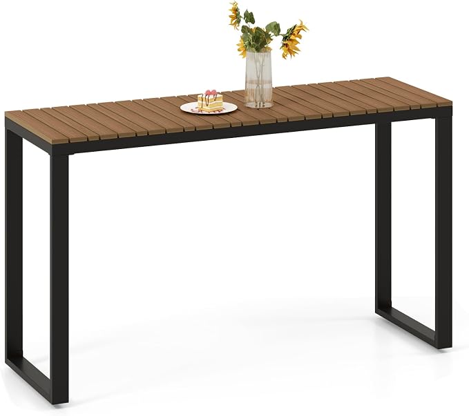 HAPPYGRILL Outdoor Rectangle Console Table with Metal Frame & Foot Pads, for 4-6 People, Patio Bar Dining Table for Backyard, Porch, Deck