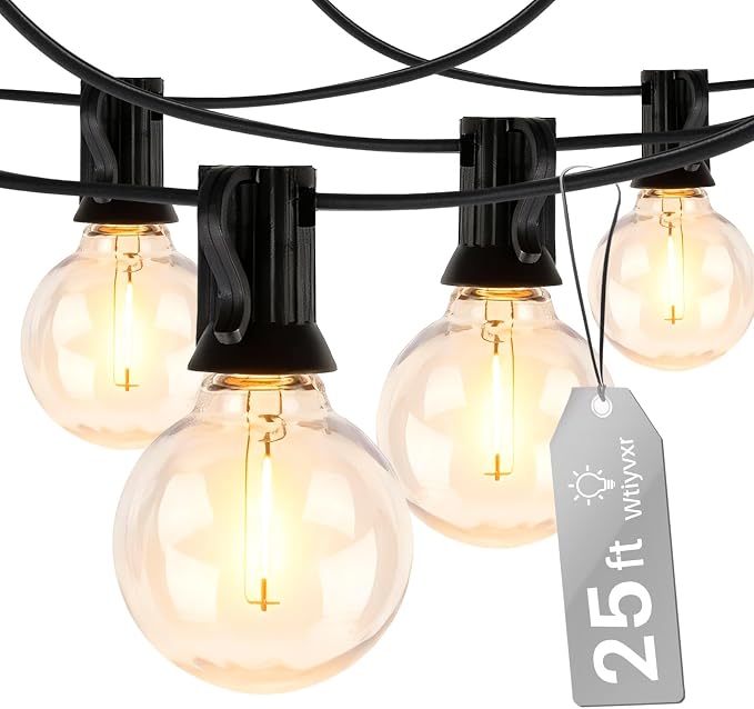 25 FT 2200K Outdoor String Lights,13 Plastic Edison Bulbs, E12 Base | G40 globe shatterproof bulbs, IP65 waterproof, dimmable LED, for backyard porch balcony party decor