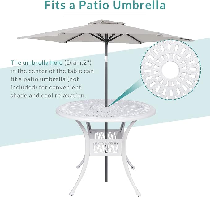 MEETWARM 3-Piece Outdoor Patio Dining Set, All-Weather Cast Aluminum Patio Conversation Set for Backyard Garden with 2 Cushions Swivel Rocker Chairs and 35.4" Round Table, 2.2" Umbrella Hole, White