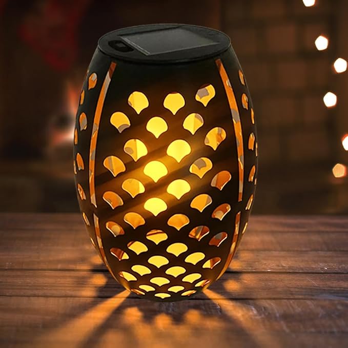 2PCS Solar Table Lanterns Flickering Flame Waterproof Black Shell | Metal Hollow Black Shell, Waterproof, 7.3" H, Ideal For Tabletop Garden Patio Decor
