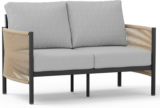 Aluminum Outdoor Patio Couch Loveseat, HDPE Rope Patio Sofa with Washable Thick Cushion, All-Weather Patio Furniture for Balcony, Yard, Gray Frame, Gray