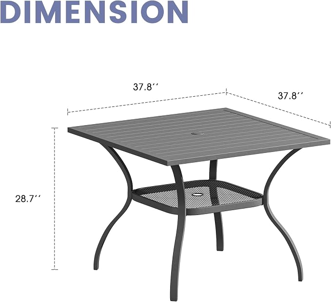 VICLLAX Outdoor Patio Dining Table for 4, Square Patio Table with Umbrella Hole for Patio Lawn Deck Backyard, Dark Grey Tabletop