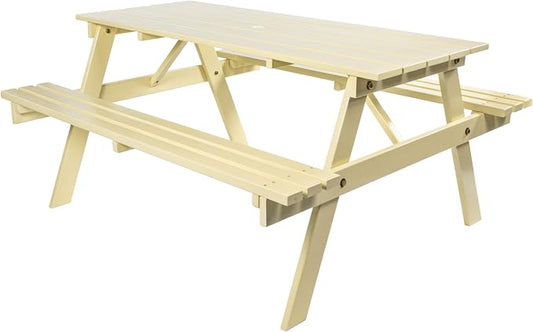 JONATHAN Y Shoreham 59" Eucalyptus Wood Outdoor Picnic Table with Benches for Patio, Rectangular Dining Set with 2" Umbrella Hole, Heavy Duty 700 lbs Capacity, Almond BNH200C