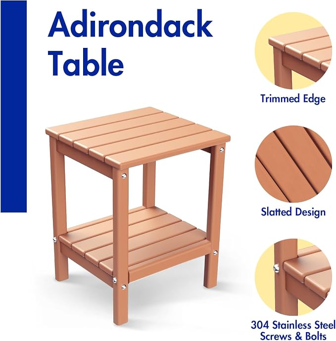 BRIOPAWS Outdoor-Side-Table | Small | HDPE Plastic | Patio End-Table | 2-Shelf Adirondack Outside Tables | All Weather | for Poolside Front Porch Indoor Living Room | 14" x 13" | Teak