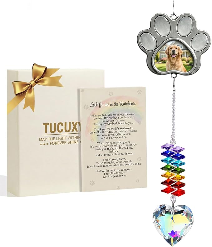 Dog Memorial Gifts, Pet Memorial Crystal Suncatcher with Paw Shaped Photo Frame, Pet Loss, Personalized Loss of Dog Sympathy Gift, Beautifully Packaged Dogs and Cats Remembrance Bereavement Gifts