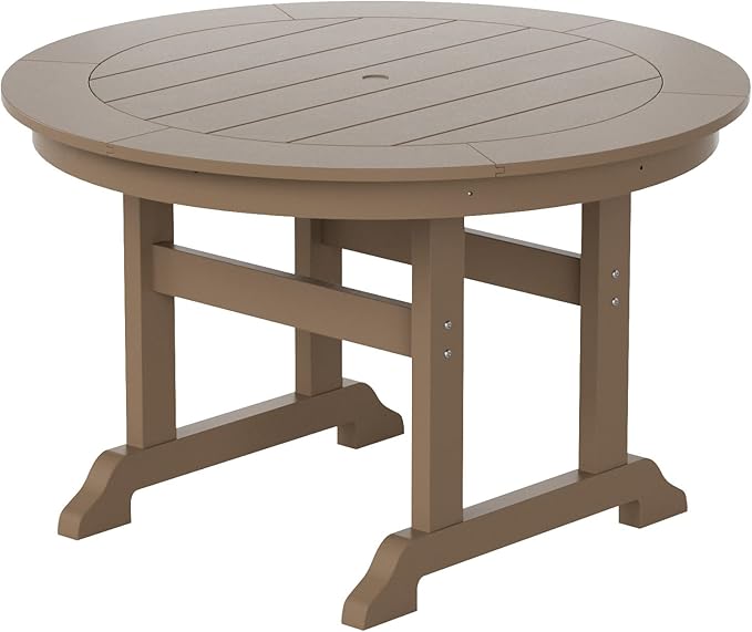 WestinTrends Malibu Patio Dining Table, All Weather Poly Lumber Adirondack 47" Trestle Round Outdoor Table with Umbrella Hole, Weathered Wood