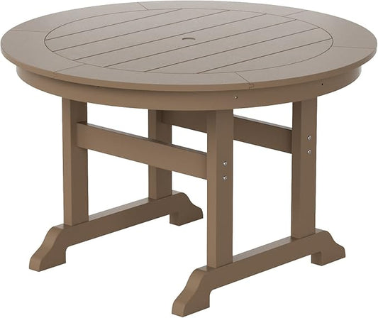 WestinTrends Malibu Patio Dining Table, All Weather Poly Lumber Adirondack 47" Trestle Round Outdoor Table with Umbrella Hole, Weathered Wood
