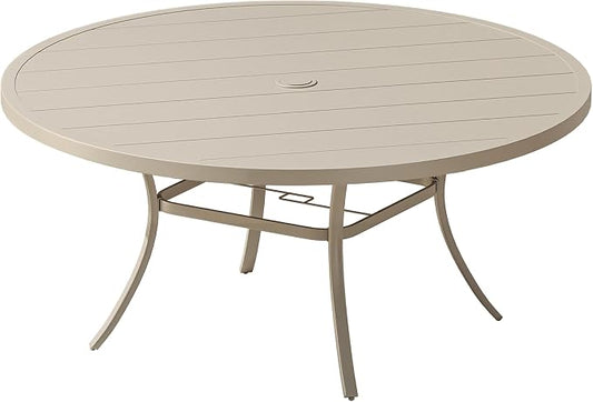 VICLLAX 60" Round Patio Table, Outdoor Dining Table for 8-10 with Umbrella Hole for Garden Lawn Deck Backyard, Sandshell