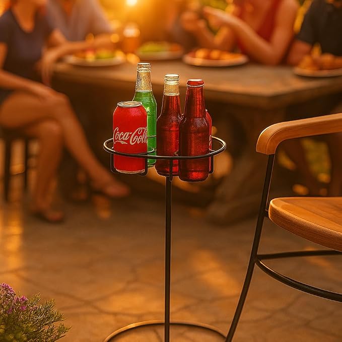 SkyMall Outdoor Beverage Table – Black Metal Drink Holder with 4 Cup Slots – Indoor/Outdoor Drink Stand for Patio, Lawn, Garden, or Picnic – Compact & Portable Beverage Rack – 20.5” High