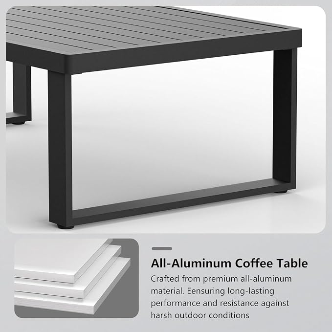 Aluminum Outdoor Patio Coffee Table for Deck and Poolside(Black, All-Aluminum)