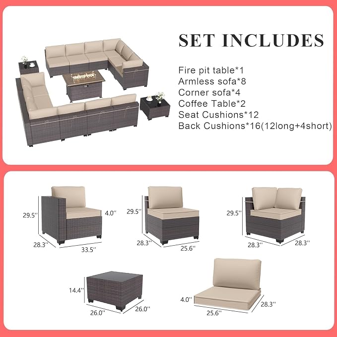 Gotland 15 Pieces Patio Furniture Set with Fire Pit Table, All Weather Rattan Outdoor Furniture with 29.5'' High Backrest 4’’ Thick Cushions Coffee Table, Patio Set for Porch, Deck, Backyard, Khaki