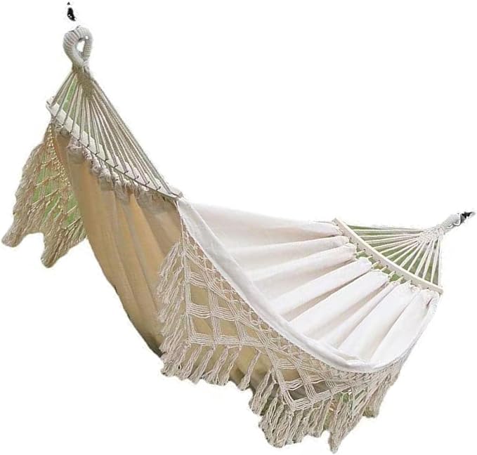 Single Double Hammock with Tassels, 500lb Load Capacity Canvas for Outdoor Garden Patio Camping (White)