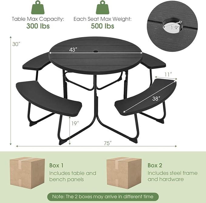 Round Picnic Table for Outdoors, 8 Person Outdoor Picnic Tables & Benches Set with Umbrella Hole, HDPE Tabletop & Metal Frame, 2000 LBS Capacity Table Bench Set for BBQ, Garden, Lawn, Patio