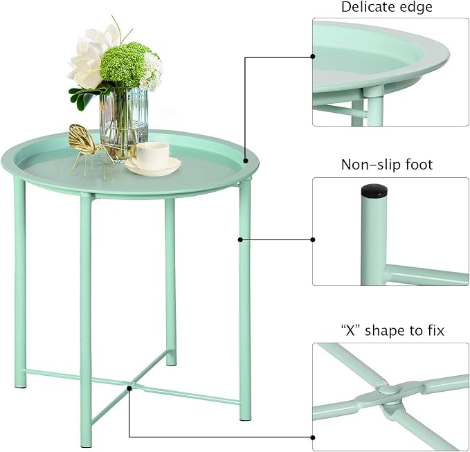 VECELO Side/End Table, Folding Round Metal Anti-Rust and Waterproof Outdoor or Indoor Tray for Living Room Bedroom Balcony and Office, 2 PCS, Light Green