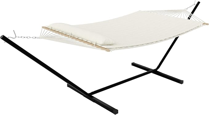 Adventure-Ready Double Hammock with Stand – 2 Person Heavys Duty 475 Lbs Capacity, Breathable Cotton Rope & Quilted Pad for Camping, Backyard, or Indoors (Beige)