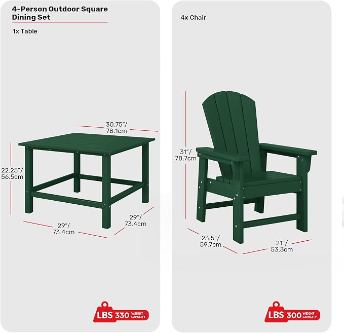 Costaelm Paradise Kids 5-Piece HDPE Outdoor Square Patio Dining Table and Chairs Set, Dark Green