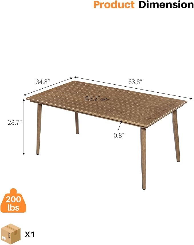 Never Rusts Outdoor Patio Dining Table for 6, 63.8"x34.8" Outdoor Aluminum Dining Table with Umbrella Hole, 6 Person Patio Furniture Dining Table for Garden, Backyard, Porch, Teak
