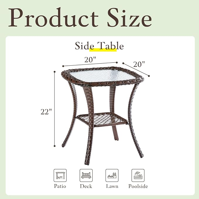 Outdoor Side Table, Brown Rattan Wicker Patio Side Table, Patio End Table, Small Outdoor Side Table with Glass Tabletop and Storage Shelf (Brown)