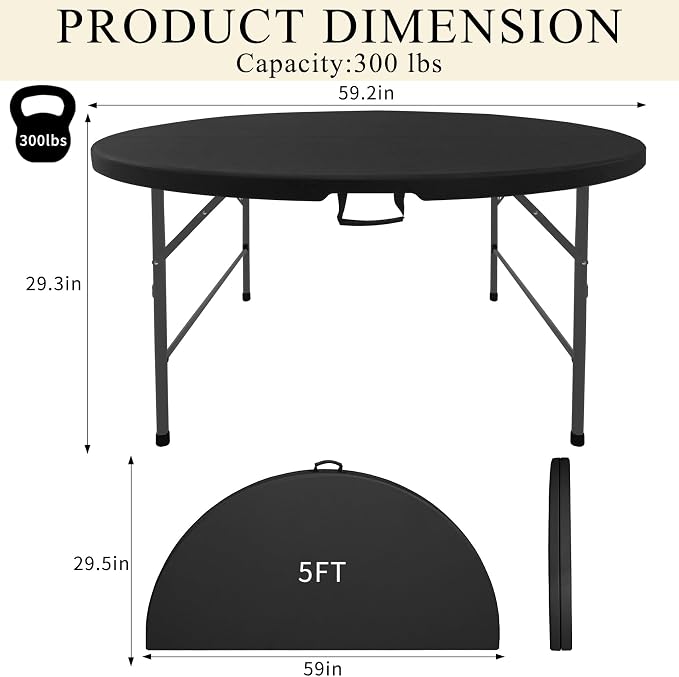 5 FT Round Folding Tables with Carrying Handle 60 inch Heavy Duty Portable Plastic Commercial Table Steel Legs for Party, Dining, Wedding, Events, Picnic Indoor, Outdoor (Black,1 Pack)