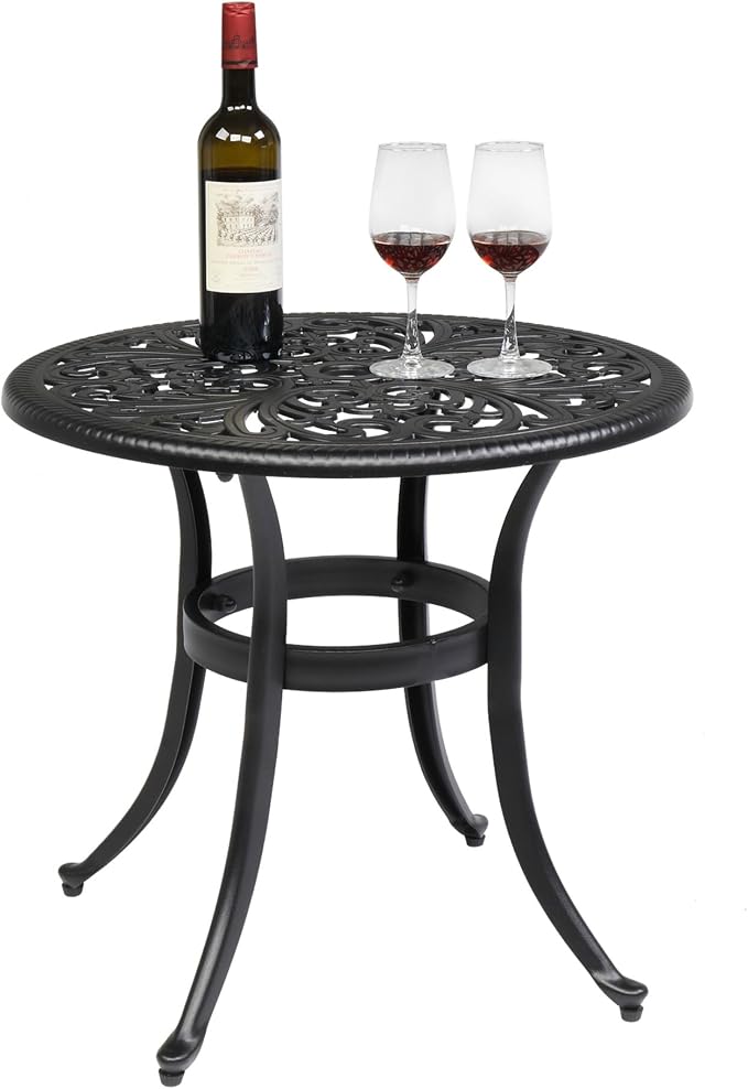 Outdoor Round Side Table with Classical Floral Design, 23.6” Aluminum Round Patio Table for Indoor & Outdoor Use, (Black)