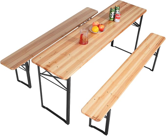 Wooden Beer Table Bench 3 Pcs Set Folding Set Top Picnic Patio Garden