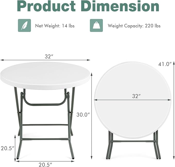 MEDIMALL 32” Round Folding Table, Portable & Lightweight Picnic Table with HDPE Tabletop & Heavy-Duty Metal Frame, Indoor Outdoor Fold Up Table for BBQ, Camping, Party, Dining