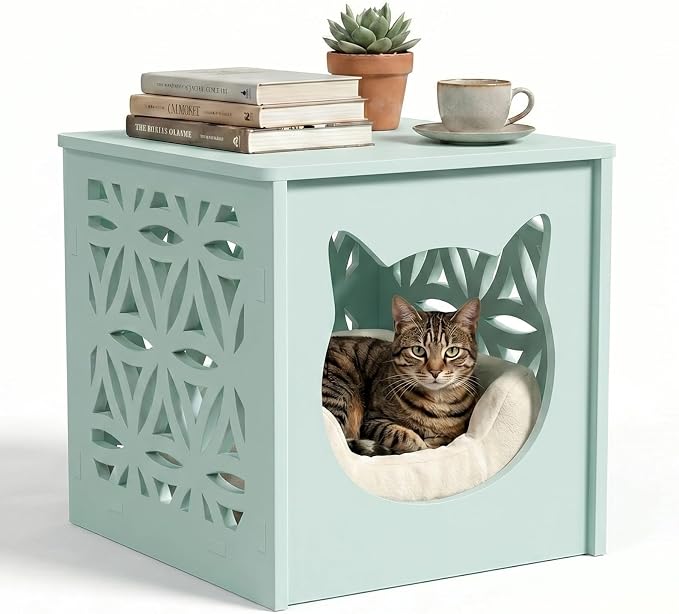 VINGLI Outdoor Side Table with Cat House and LED Light, 15.6" Resin Waterproof Square Side Table End Table for Patio Garden Balcony Porch (Green)