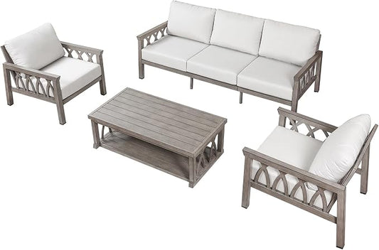 Aluminum Outdoor Patio Furniture Set, 4-Piece Outdoor Sofa Set with 3-Seat Sofa, 2 Armchairs & Coffee Table, Outdside Sofa Set Patio Conversation Set with Cushions for Deck, Balcony, Limed Oak