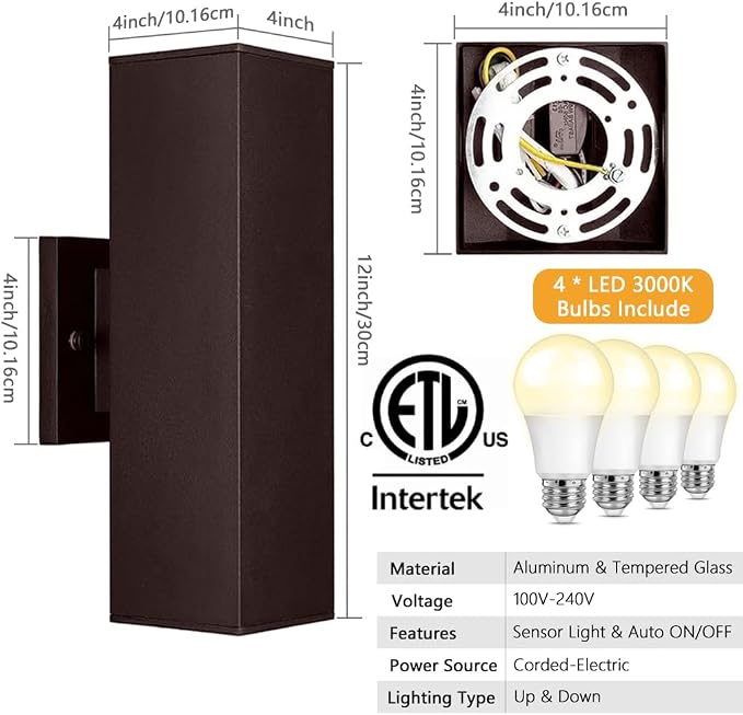SHIMR Dusk to Dawn Outdoor Wall Lights, Modern Sconce, ETL Listed, 2 Pack | Bronze, Waterproof Aluminum Exterior Lighting Fixture, E26 Base, LED Bulbs Include, Up and Down Lights for House Porch Garage
