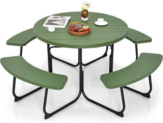 Giantex Picnic Table Set for Up to 8 Persons, Round Outdoor Table and Bench Set with Umbrella Hole, HDPE Top & Metal Frame, 2000LBS Capacity, Patio Table Bench for Deck Backyard Garden (Green)