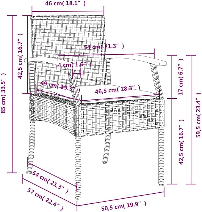 3 Piece Patio Dining Set with Cushions Gray Poly Rattan Outdoor Seating Table and Chairs for Garden Backyard, PE Rattan Steel Frame Tempered Glass Top, Weatherproof UV-Proof, Max 242.5 lb per Seat